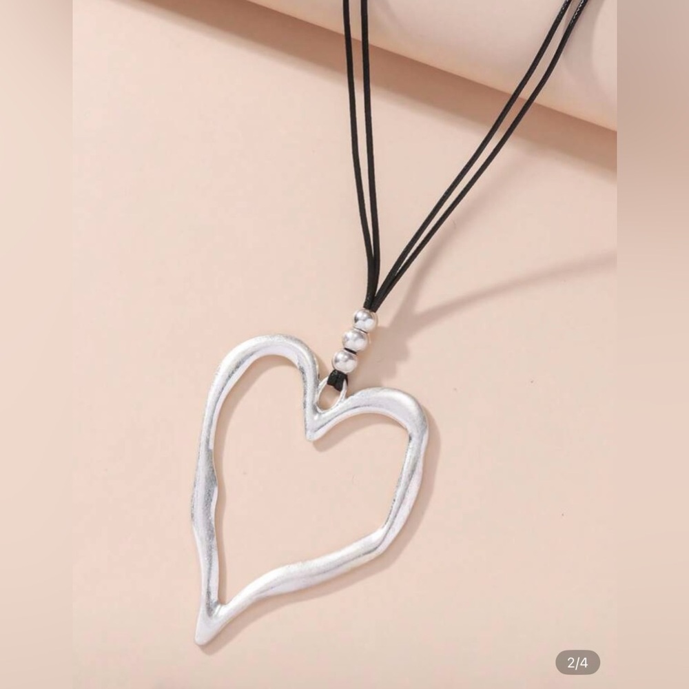 NWT Silver Open Heart Pendant Necklace Long Black Cord 32.7”